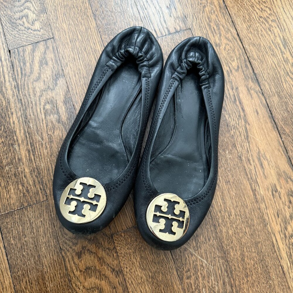 Tory Burch Classic Minnie Black Leather Ballet Flats Size 7